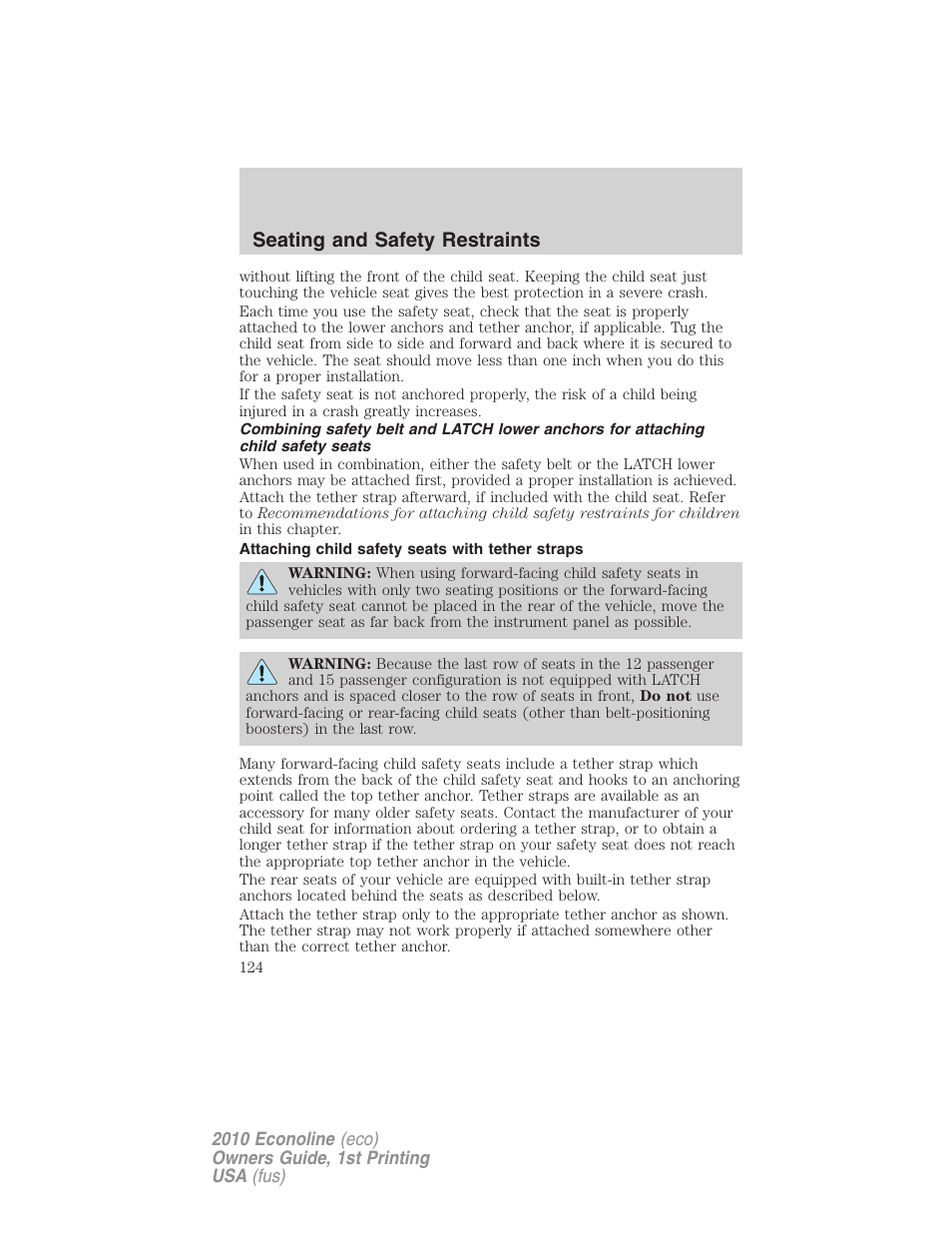 Attaching child safety seats with tether straps, Seating and safety restraints | FORD 2010 E-450 v.1 User Manual | Page 124 / 324