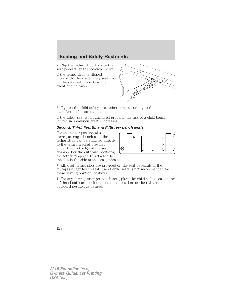 Second, third, fourth, and fifth row bench seats, Seating and safety restraints | FORD 2010 E-450 v.1 User Manual | Page 128 / 324