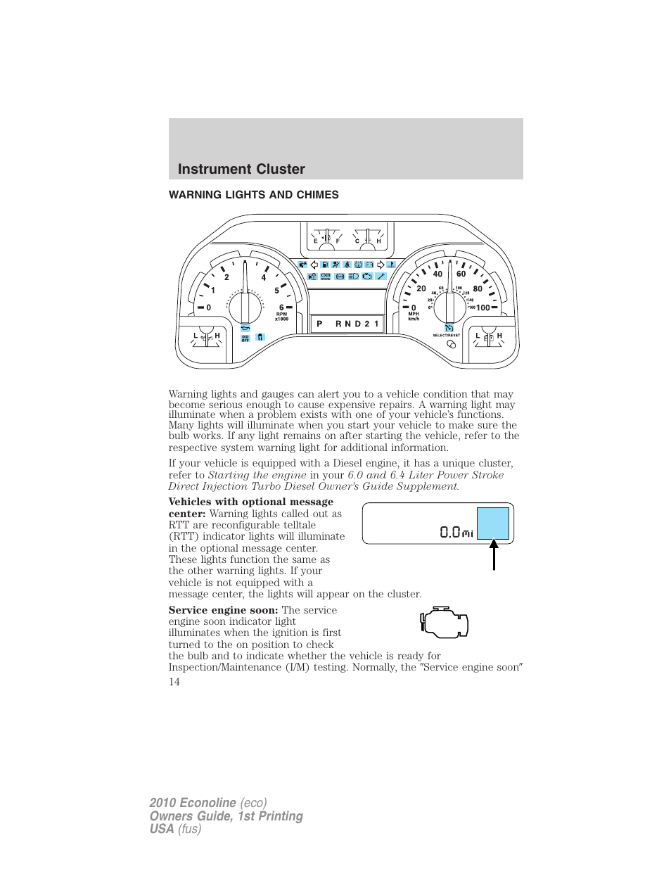 Instrument cluster, Warning lights and chimes | FORD 2010 E-450 v.1 User Manual | Page 14 / 324