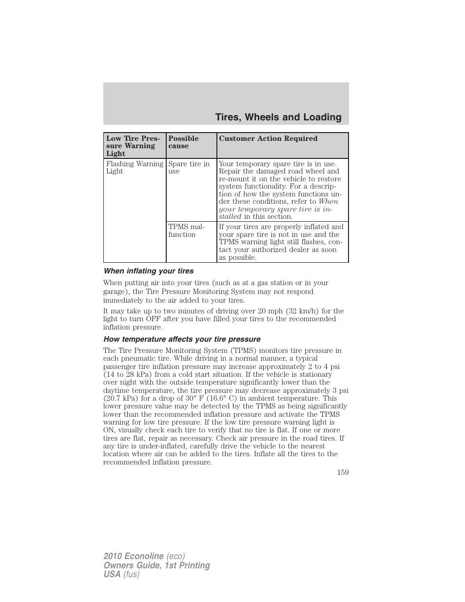 When inflating your tires, How temperature affects your tire pressure, Tires, wheels and loading | FORD 2010 E-450 v.1 User Manual | Page 159 / 324