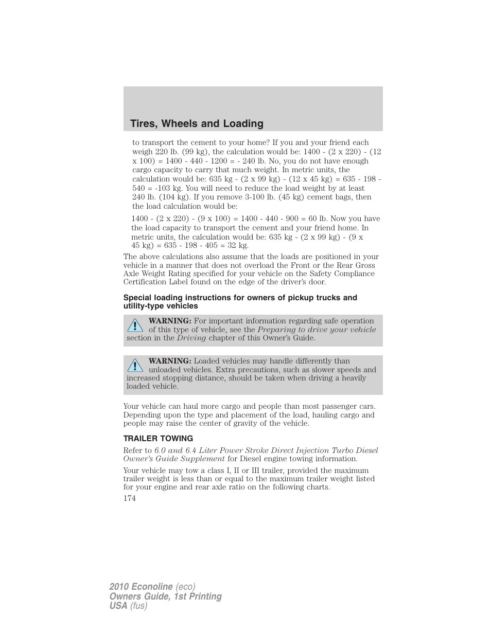 Trailer towing, Tires, wheels and loading | FORD 2010 E-450 v.1 User Manual | Page 174 / 324