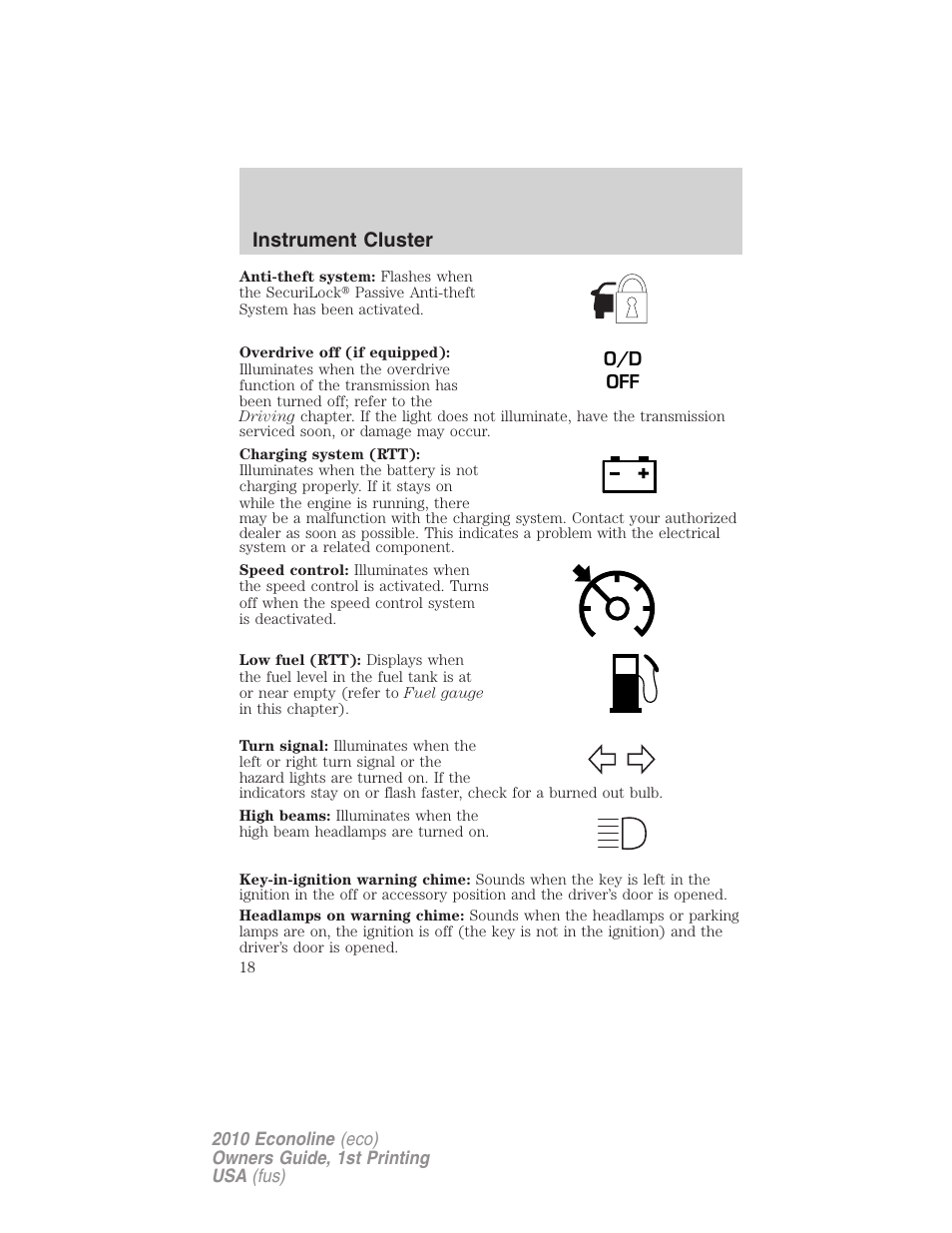 Instrument cluster | FORD 2010 E-450 v.1 User Manual | Page 18 / 324