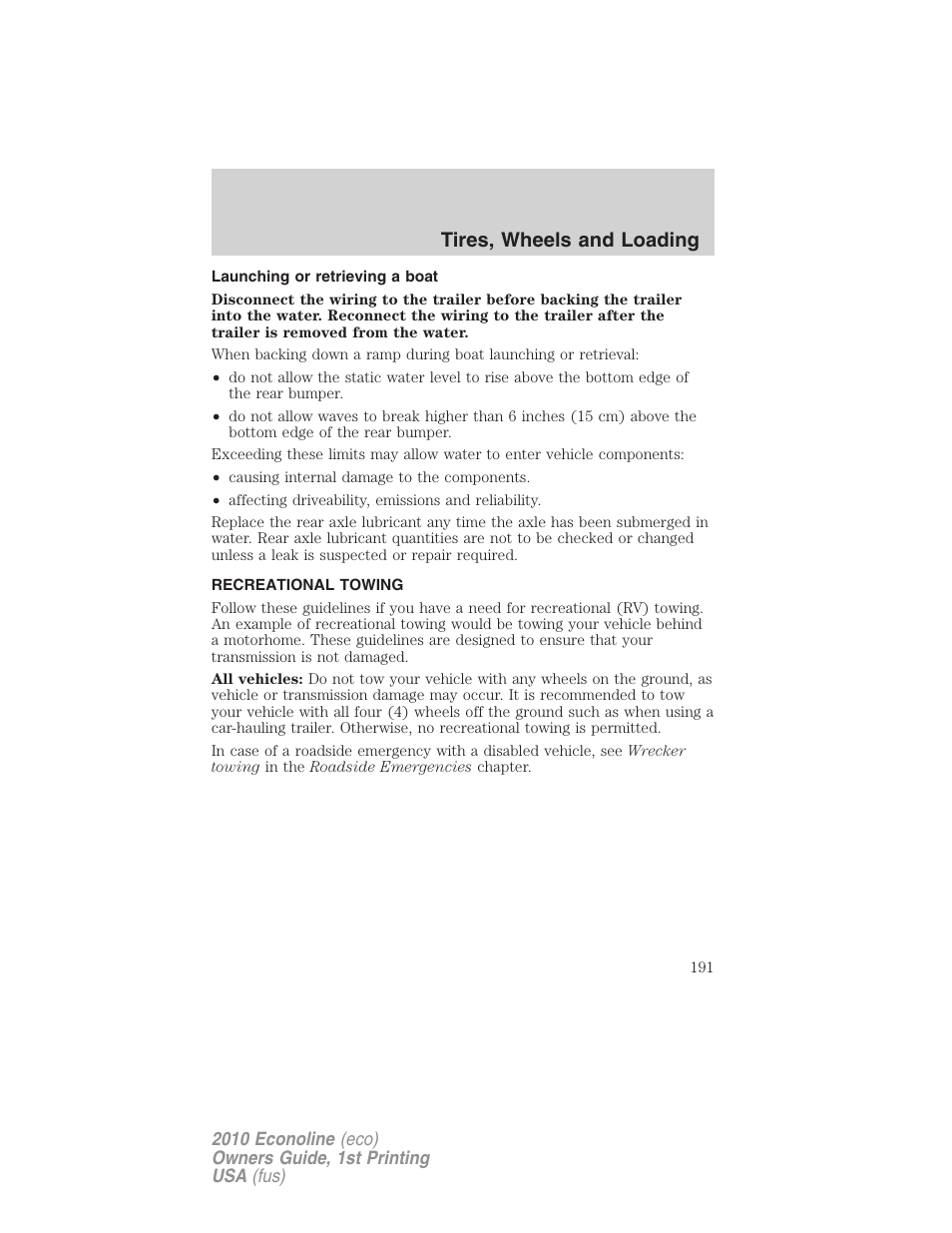 Launching or retrieving a boat, Recreational towing, Tires, wheels and loading | FORD 2010 E-450 v.1 User Manual | Page 191 / 324