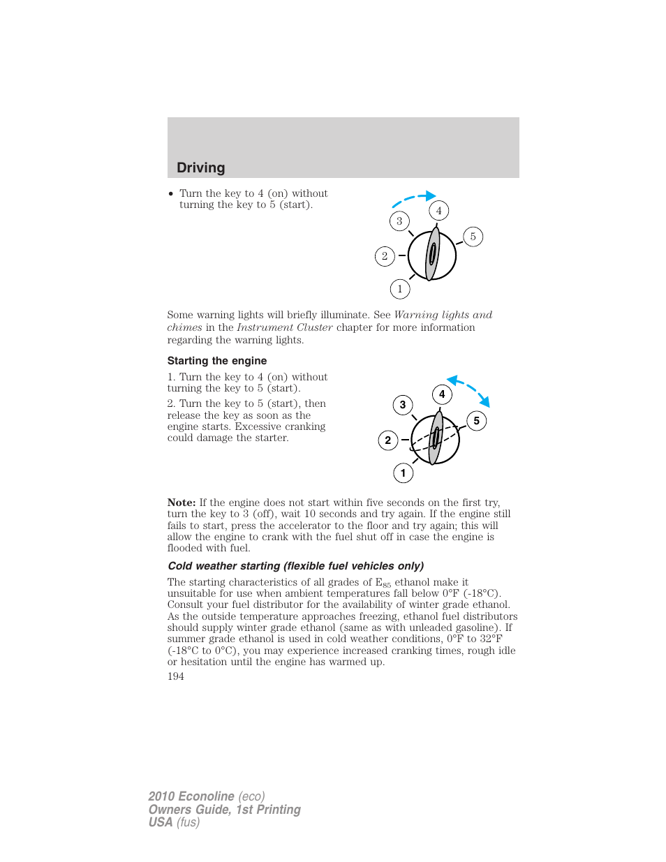 Starting the engine, Driving | FORD 2010 E-450 v.1 User Manual | Page 194 / 324