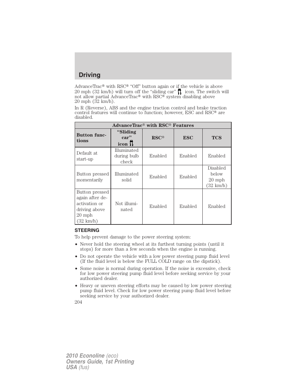 Steering, Driving | FORD 2010 E-450 v.1 User Manual | Page 204 / 324