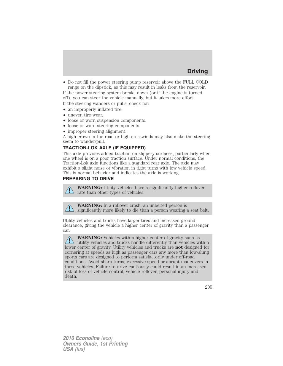 Traction-lok axle (if equipped), Preparing to drive, Driving | FORD 2010 E-450 v.1 User Manual | Page 205 / 324