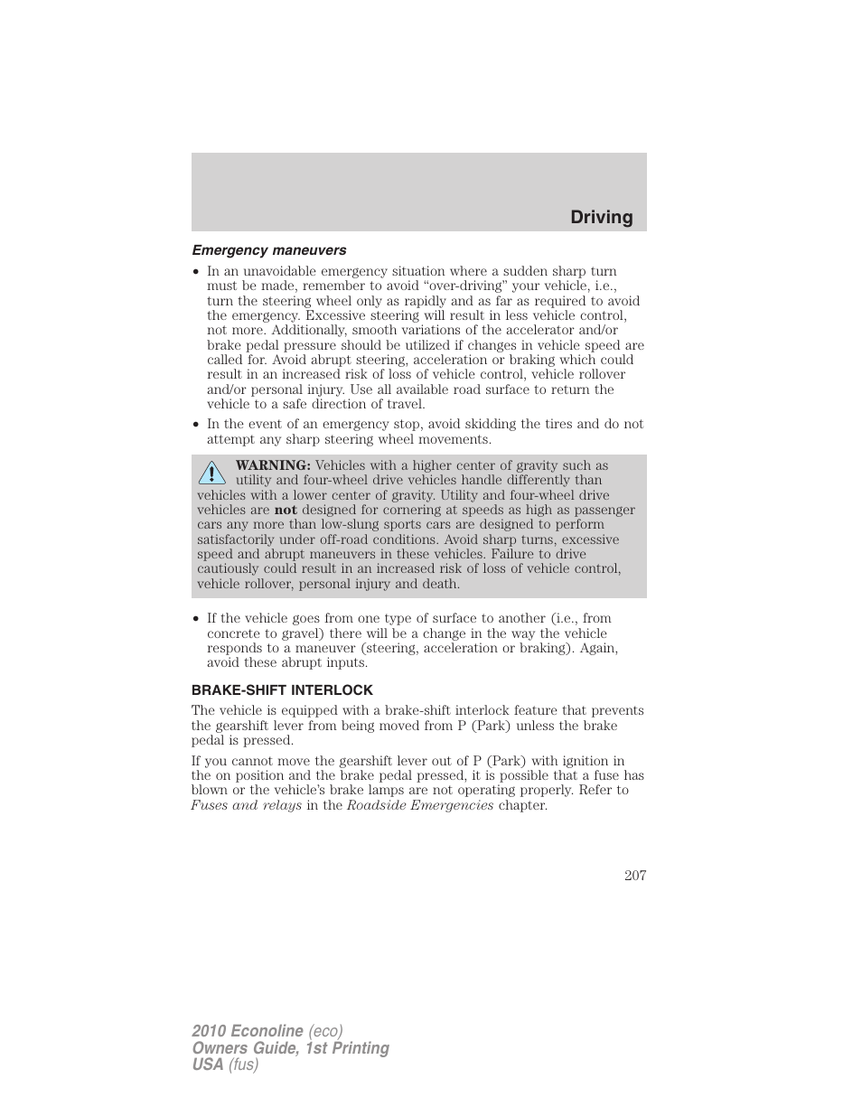Emergency maneuvers, Brake-shift interlock, Driving | FORD 2010 E-450 v.1 User Manual | Page 207 / 324