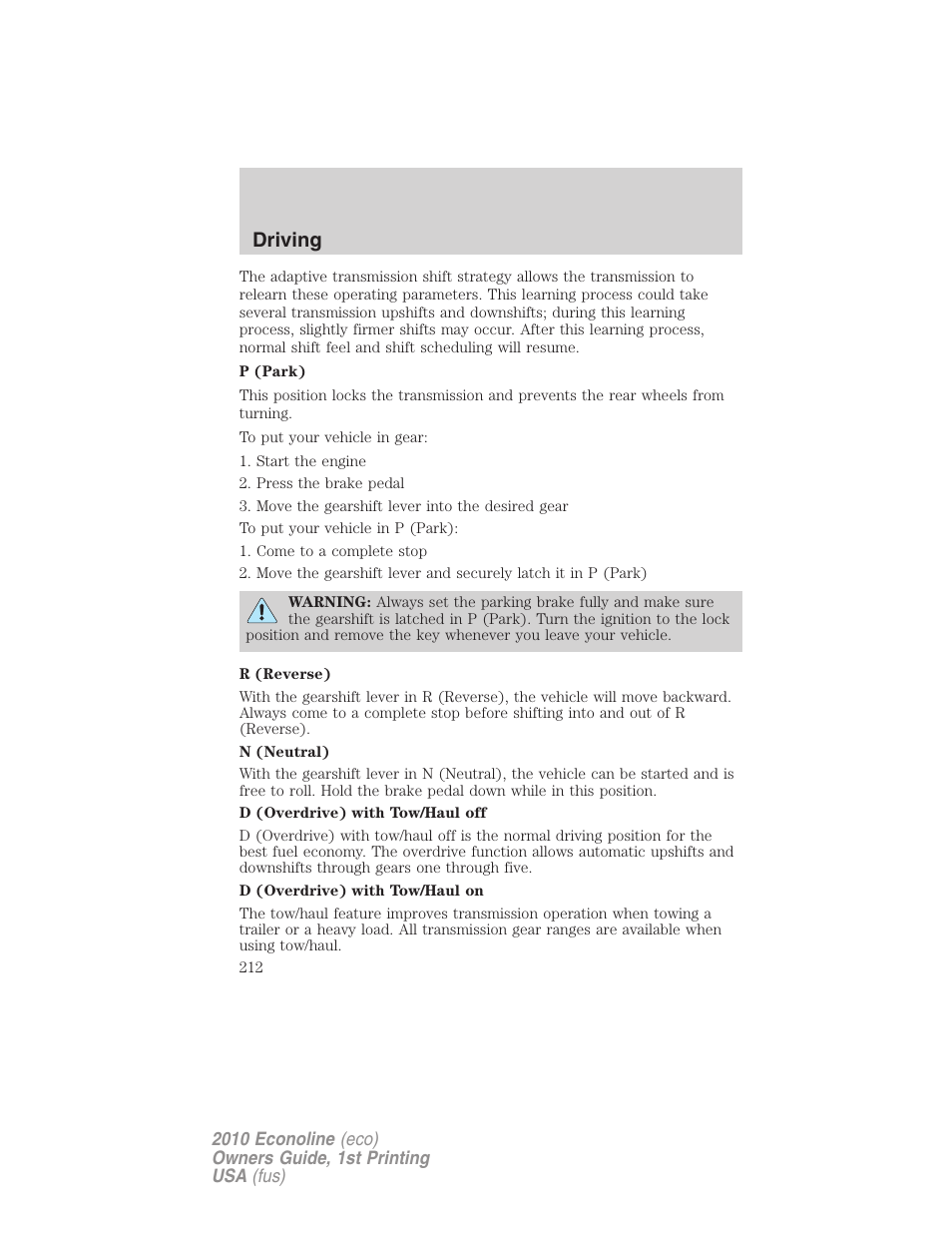 Driving | FORD 2010 E-450 v.1 User Manual | Page 212 / 324