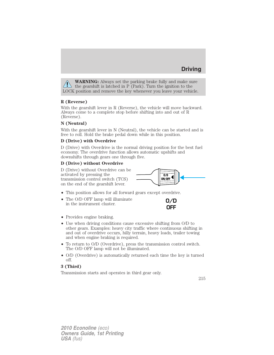 Driving | FORD 2010 E-450 v.1 User Manual | Page 215 / 324