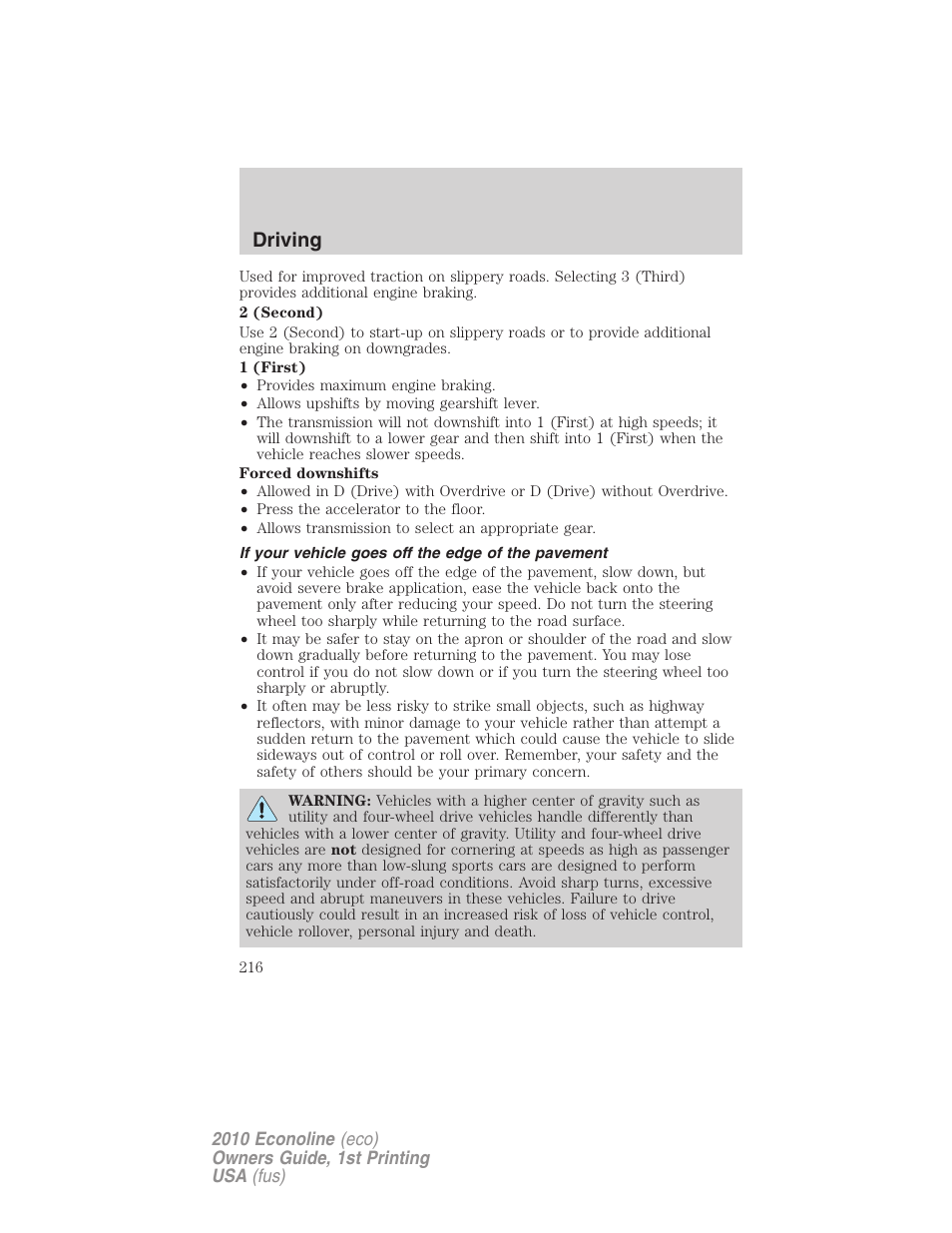 If your vehicle goes off the edge of the pavement, Driving | FORD 2010 E-450 v.1 User Manual | Page 216 / 324