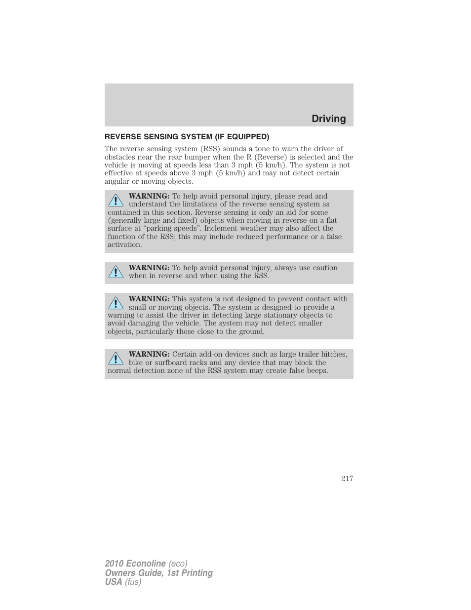 Reverse sensing system (if equipped), Reverse sensing system, Driving | FORD 2010 E-450 v.1 User Manual | Page 217 / 324