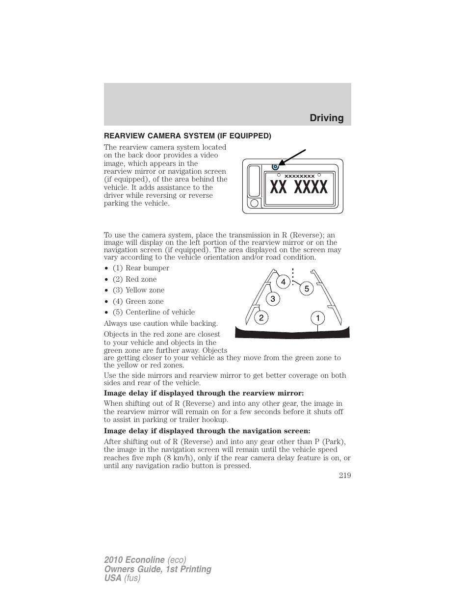 Rearview camera system (if equipped), Rear-view camera system, Driving | FORD 2010 E-450 v.1 User Manual | Page 219 / 324