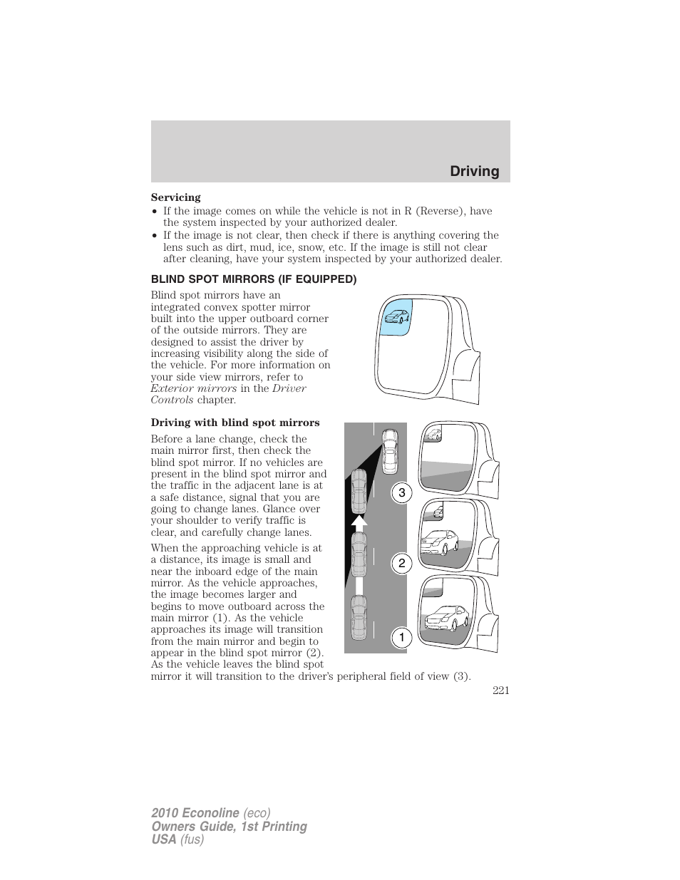 Blind spot mirrors (if equipped), Driving | FORD 2010 E-450 v.1 User Manual | Page 221 / 324