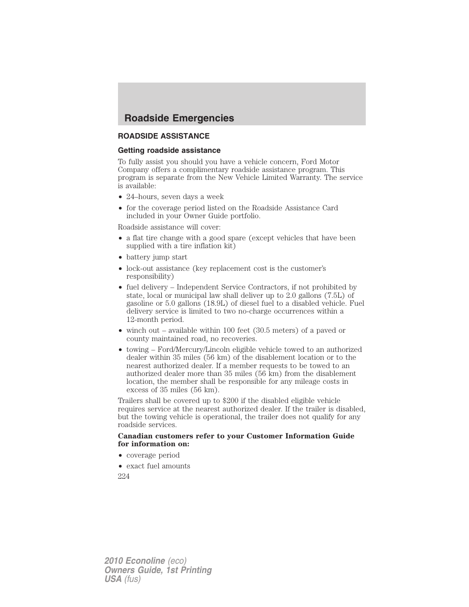 Roadside emergencies, Roadside assistance, Getting roadside assistance | FORD 2010 E-450 v.1 User Manual | Page 224 / 324