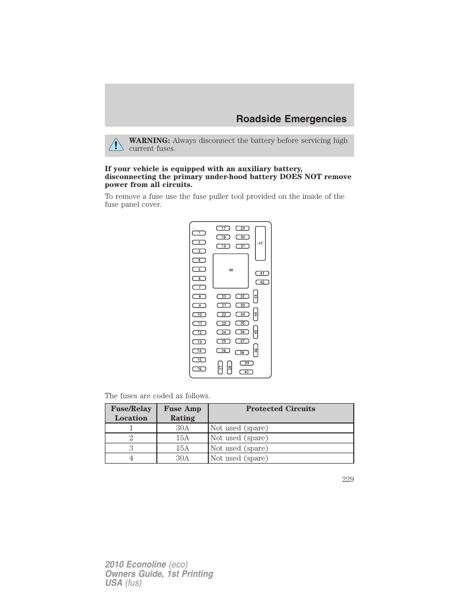 Roadside emergencies | FORD 2010 E-450 v.1 User Manual | Page 229 / 324