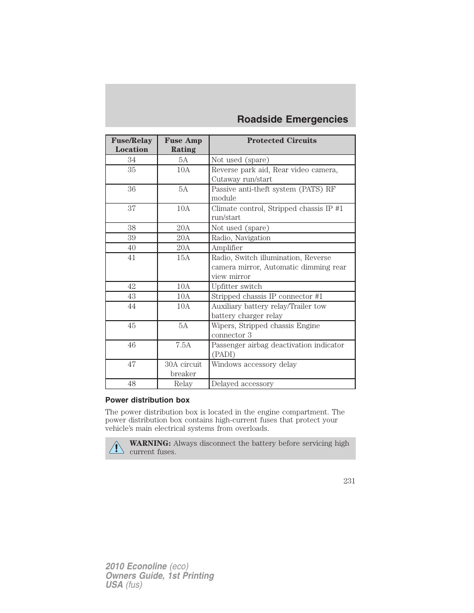 Power distribution box, Roadside emergencies | FORD 2010 E-450 v.1 User Manual | Page 231 / 324