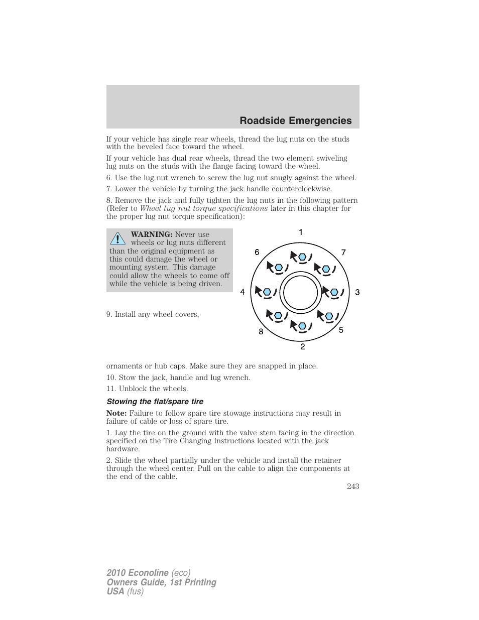 Stowing the flat/spare tire, Roadside emergencies | FORD 2010 E-450 v.1 User Manual | Page 243 / 324