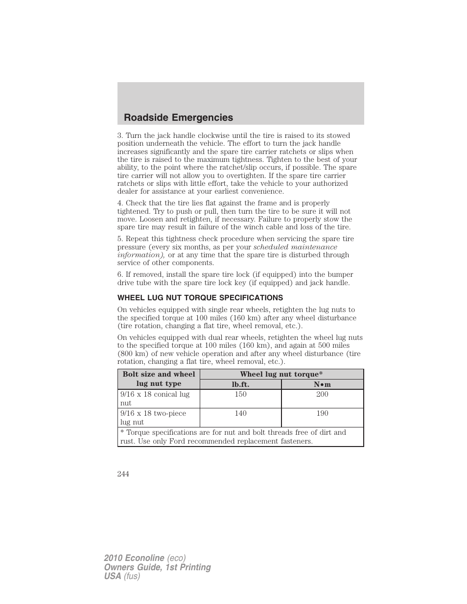 Wheel lug nut torque specifications, Wheel lug nut torque, Roadside emergencies | FORD 2010 E-450 v.1 User Manual | Page 244 / 324
