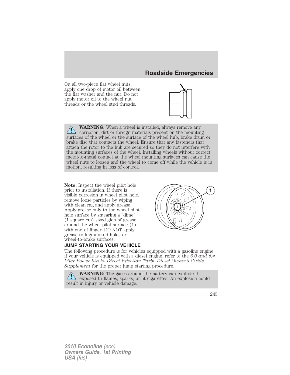 Jump starting your vehicle, Jump starting, Roadside emergencies | FORD 2010 E-450 v.1 User Manual | Page 245 / 324