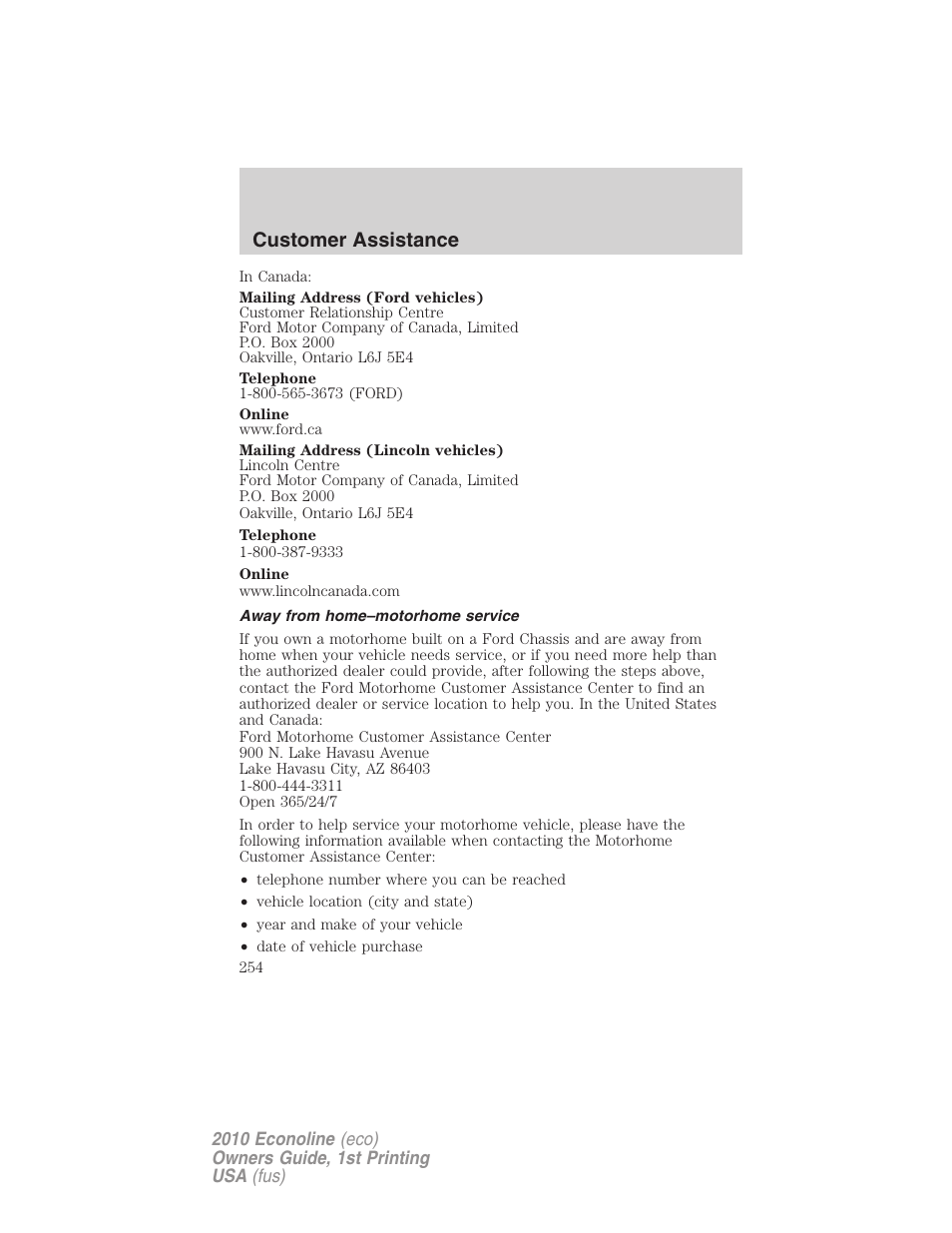 Away from home–motorhome service, Customer assistance | FORD 2010 E-450 v.1 User Manual | Page 254 / 324
