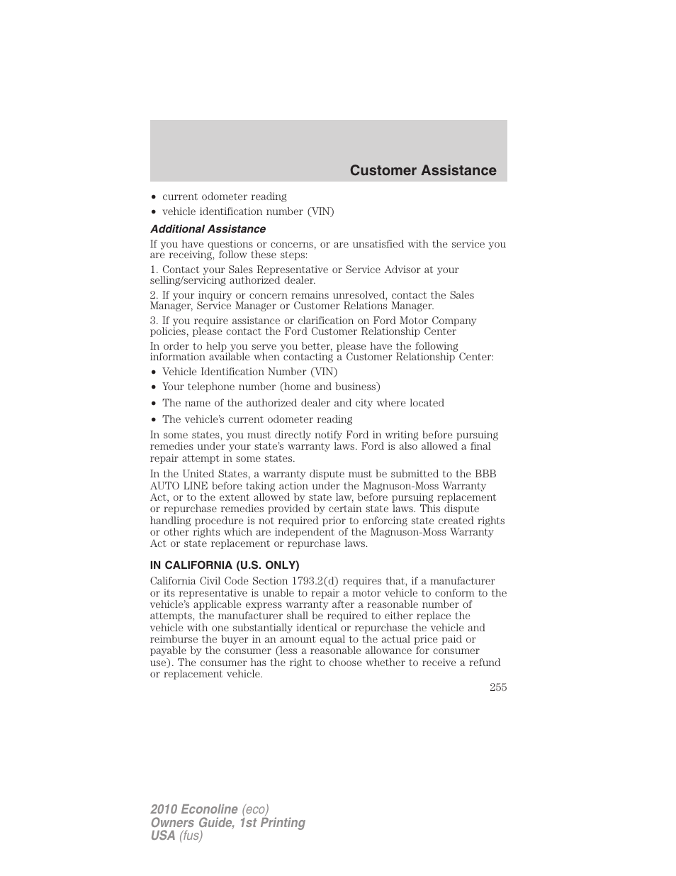 Additional assistance, In california (u.s. only), Customer assistance | FORD 2010 E-450 v.1 User Manual | Page 255 / 324