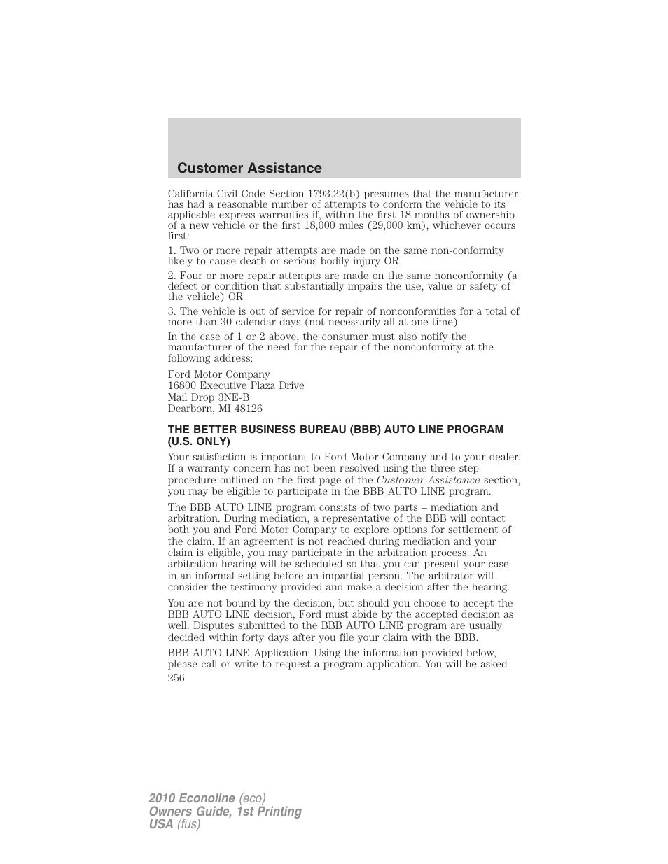 Customer assistance | FORD 2010 E-450 v.1 User Manual | Page 256 / 324