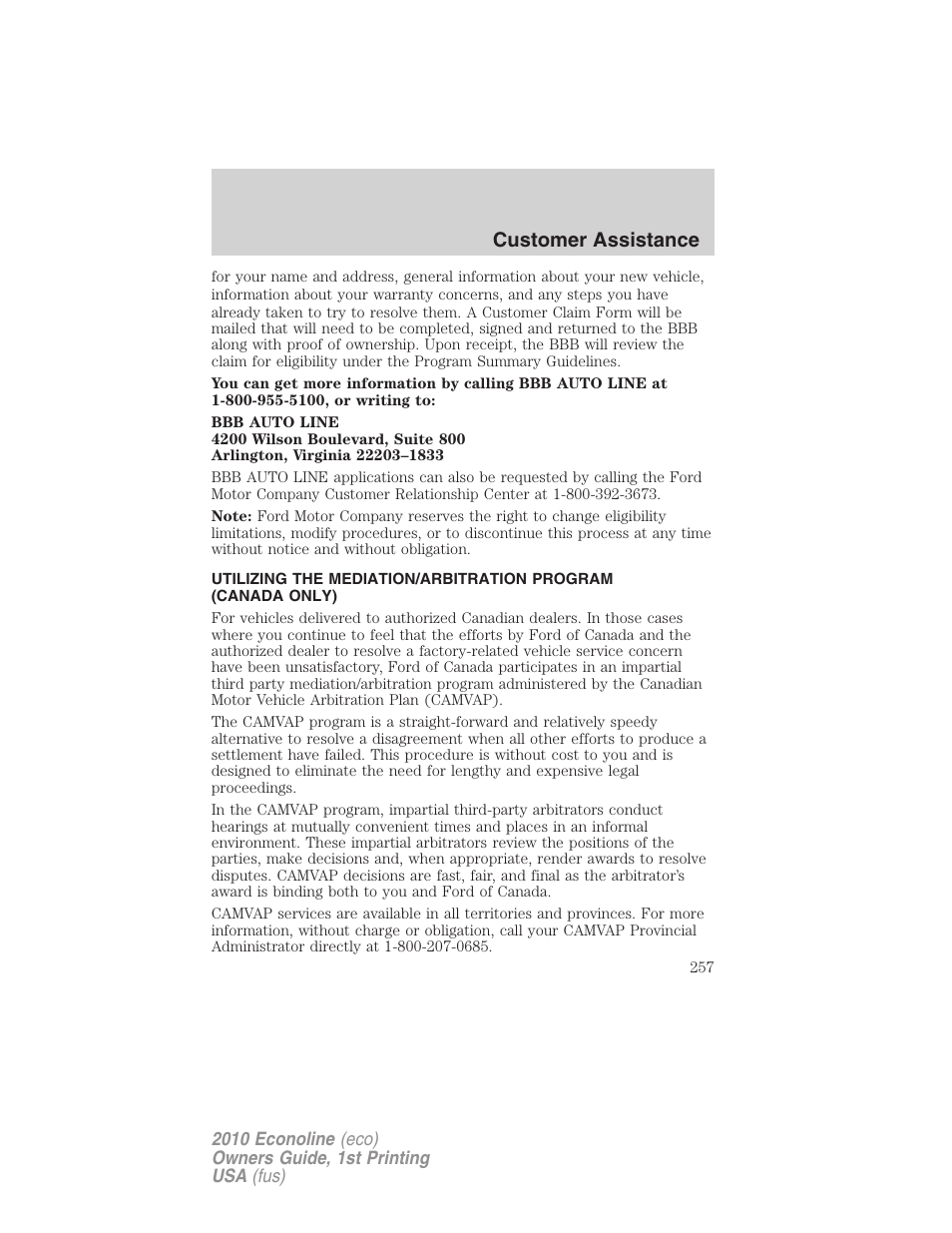 Customer assistance | FORD 2010 E-450 v.1 User Manual | Page 257 / 324