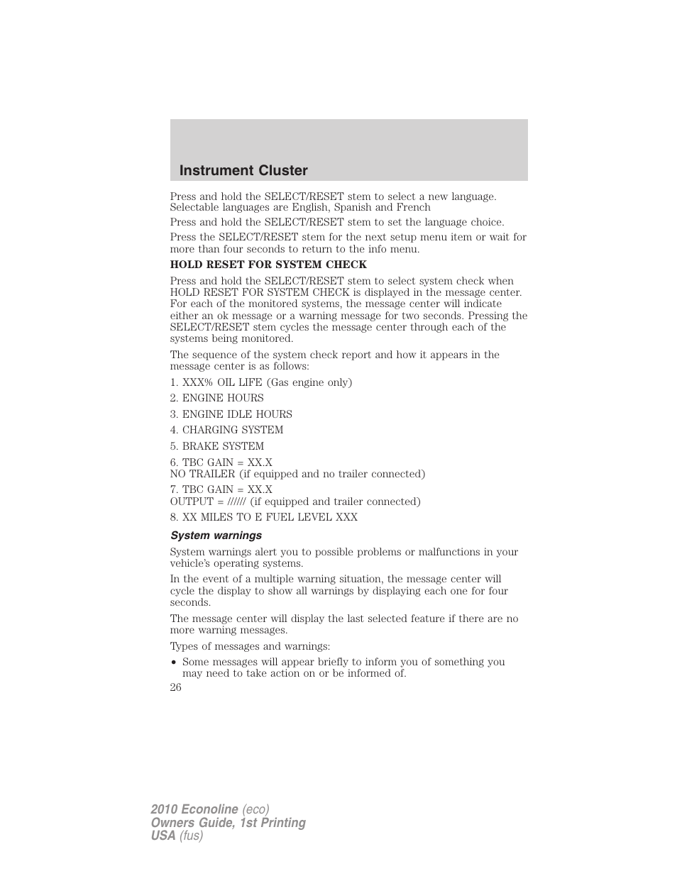 System warnings, Instrument cluster | FORD 2010 E-450 v.1 User Manual | Page 26 / 324