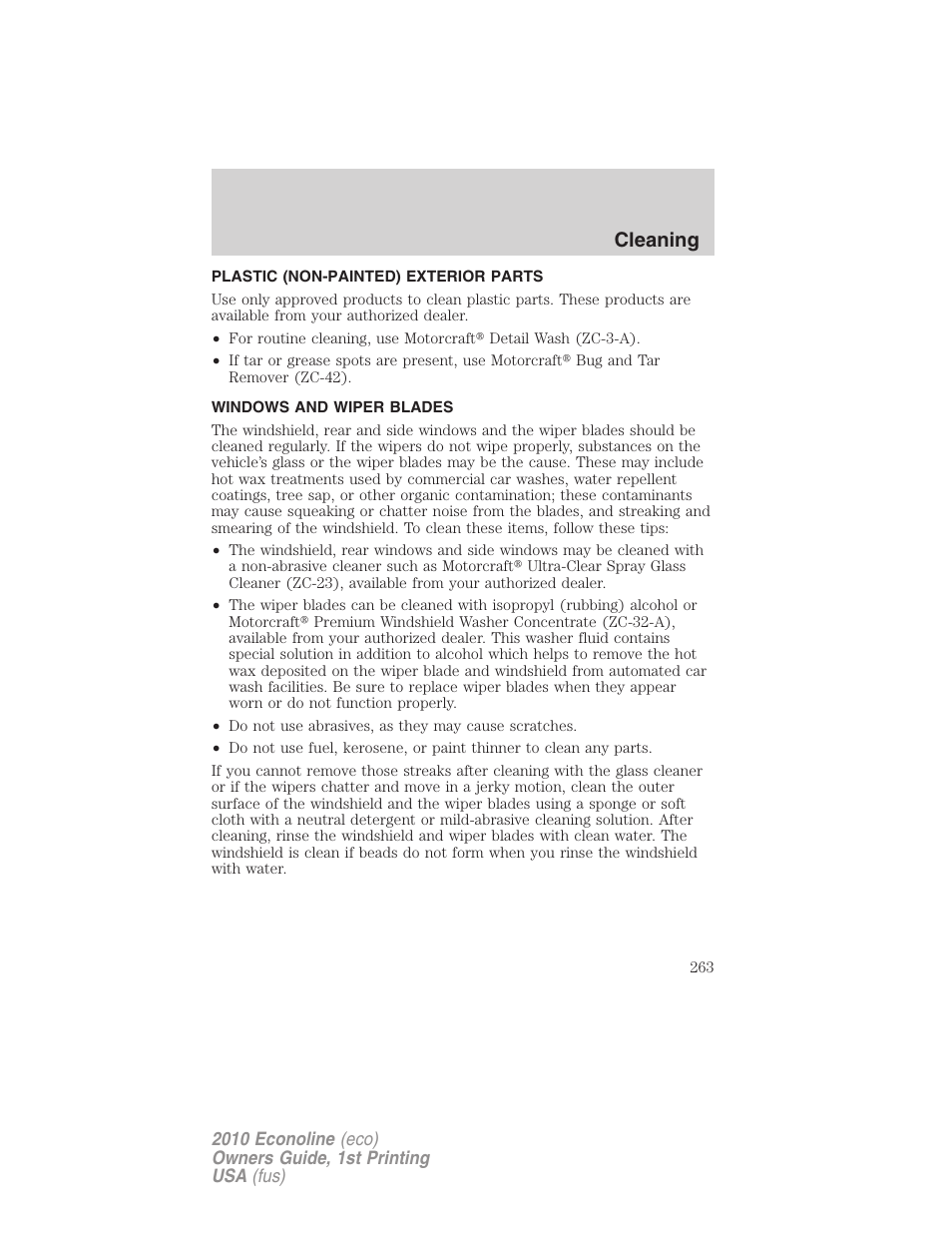 Plastic (non-painted) exterior parts, Windows and wiper blades, Cleaning | FORD 2010 E-450 v.1 User Manual | Page 263 / 324