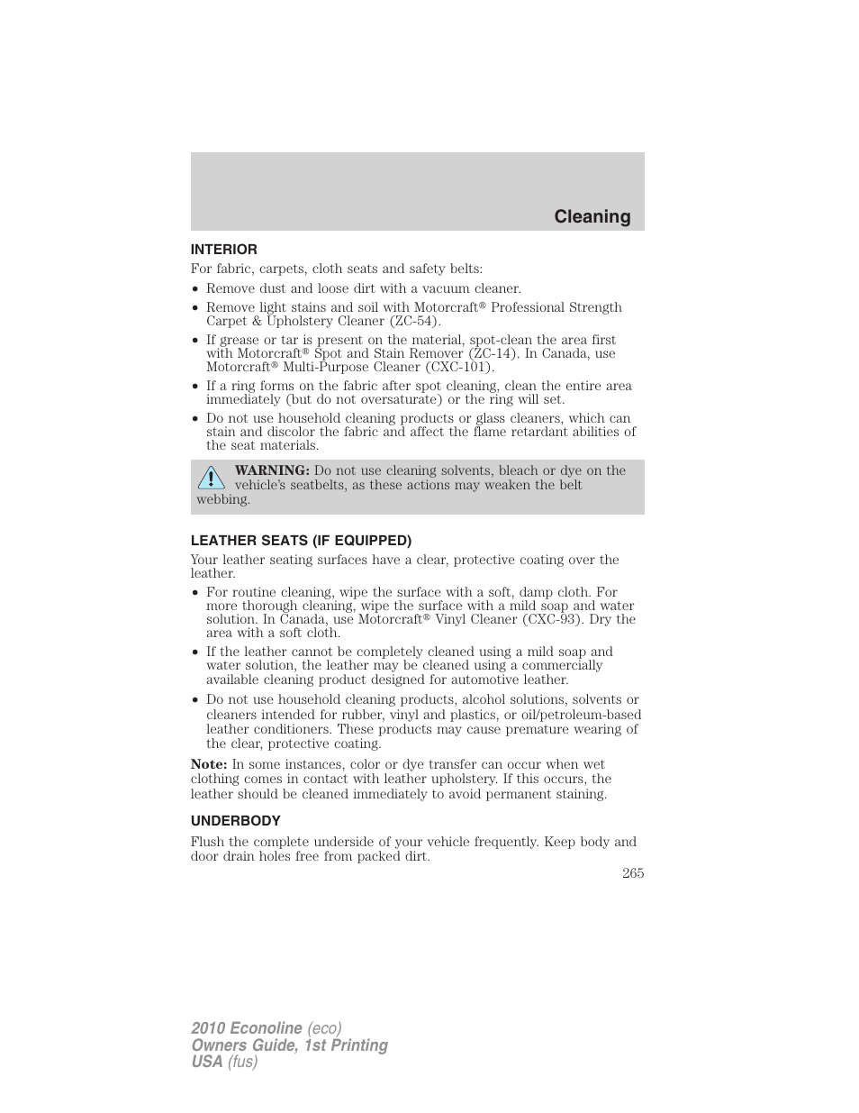 Interior, Leather seats (if equipped), Underbody | Underbody preservation, Cleaning | FORD 2010 E-450 v.1 User Manual | Page 265 / 324