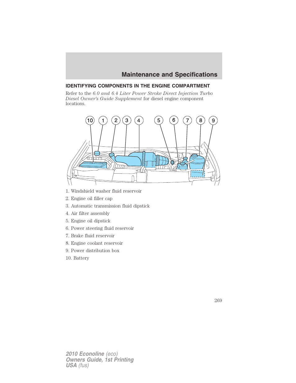 Identifying components in the engine compartment, Engine compartment, Maintenance and specifications | FORD 2010 E-450 v.1 User Manual | Page 269 / 324