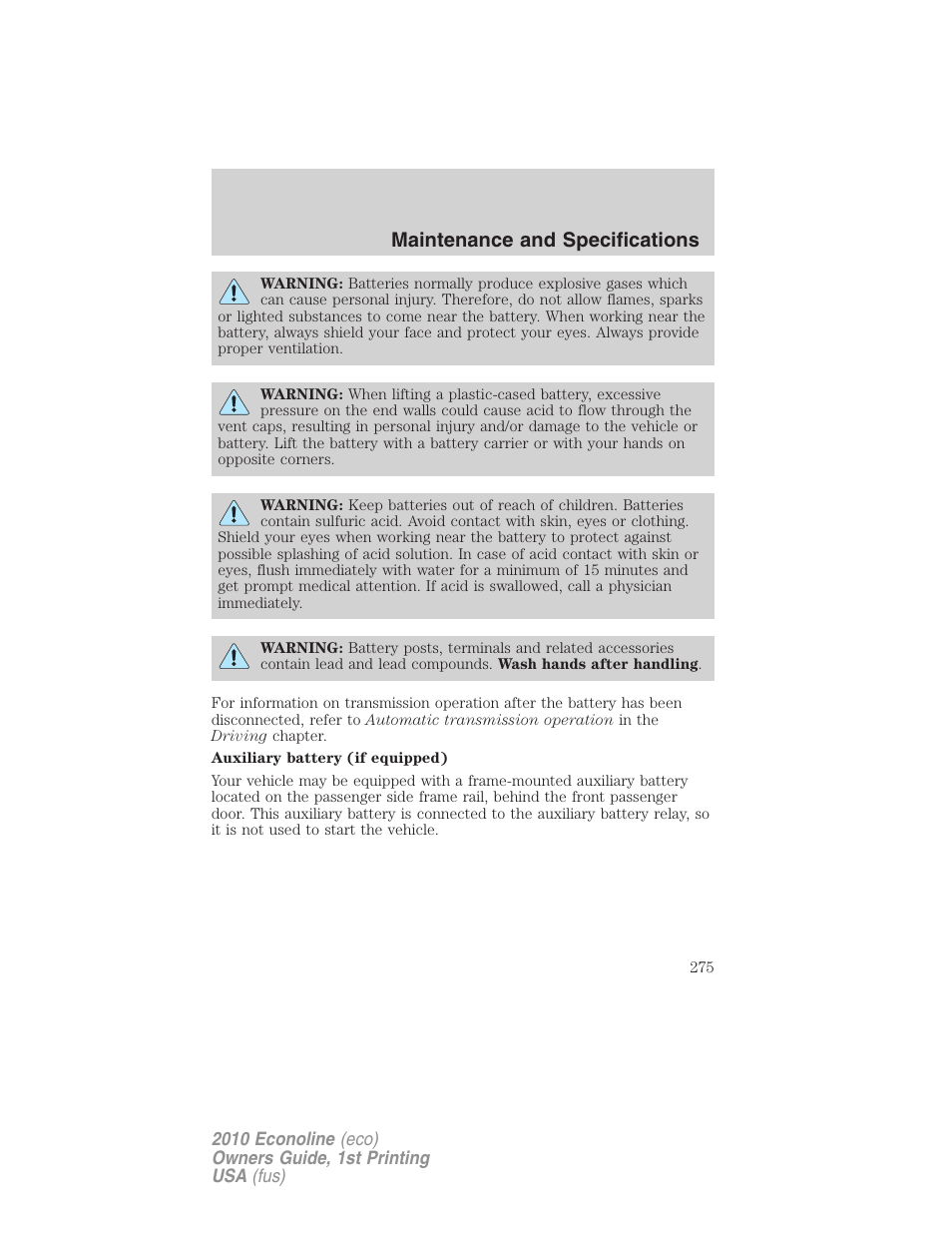 Maintenance and specifications | FORD 2010 E-450 v.1 User Manual | Page 275 / 324