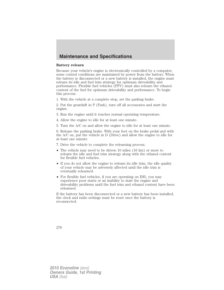 Maintenance and specifications | FORD 2010 E-450 v.1 User Manual | Page 276 / 324