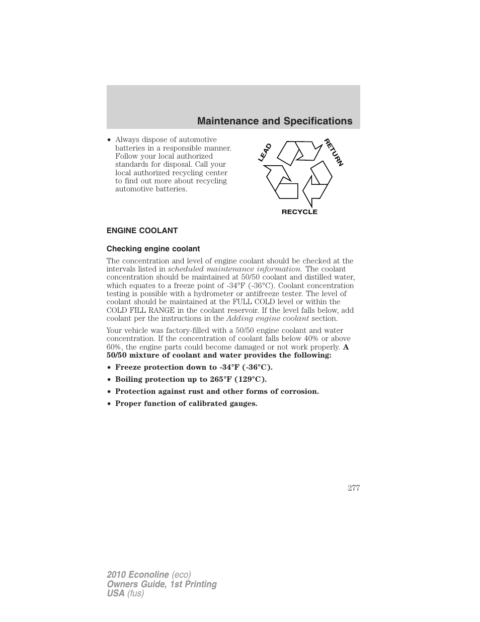 Engine coolant, Checking engine coolant, Maintenance and specifications | FORD 2010 E-450 v.1 User Manual | Page 277 / 324