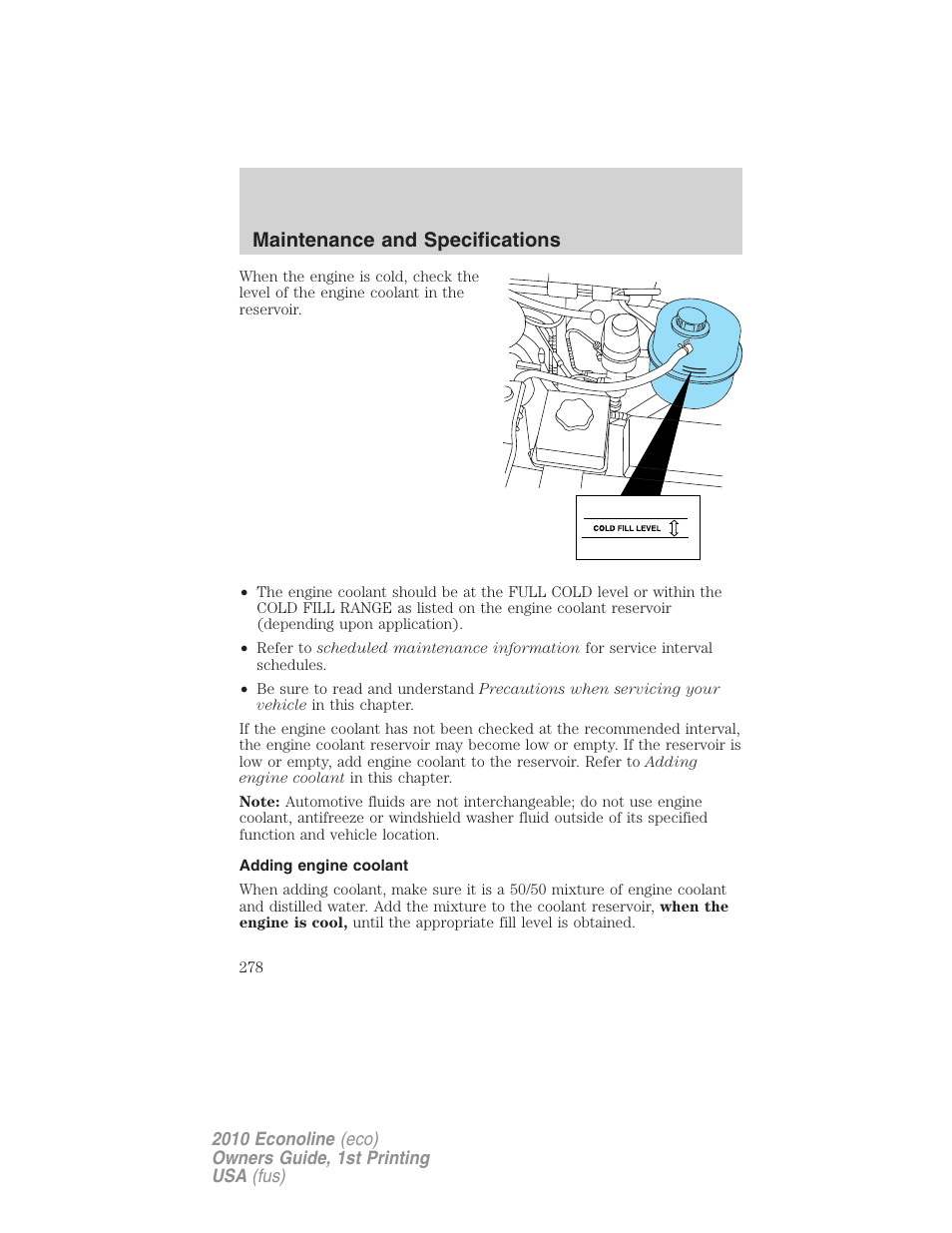 Adding engine coolant, Maintenance and specifications | FORD 2010 E-450 v.1 User Manual | Page 278 / 324