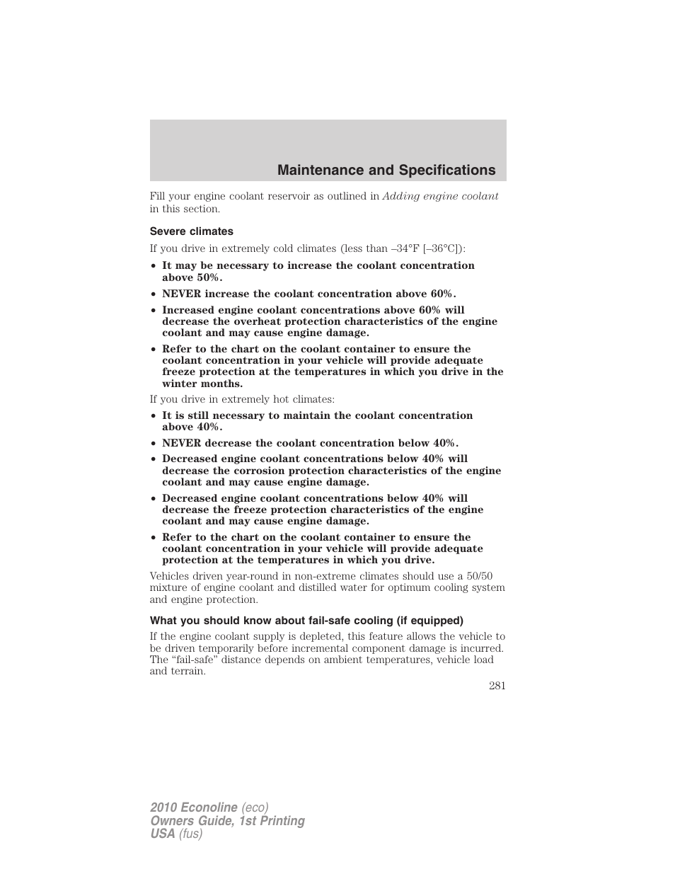 Severe climates, Maintenance and specifications | FORD 2010 E-450 v.1 User Manual | Page 281 / 324