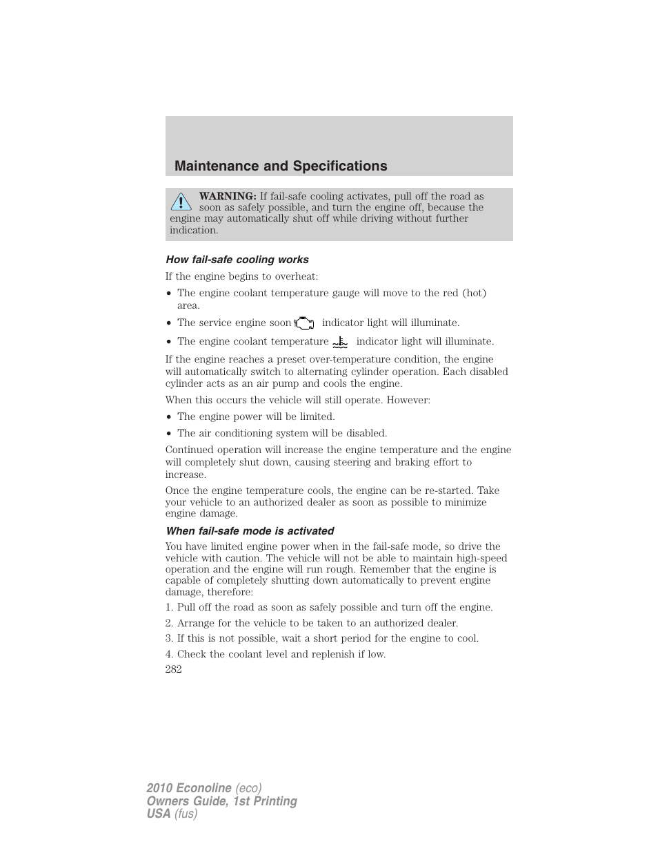 How fail-safe cooling works, When fail-safe mode is activated, Maintenance and specifications | FORD 2010 E-450 v.1 User Manual | Page 282 / 324