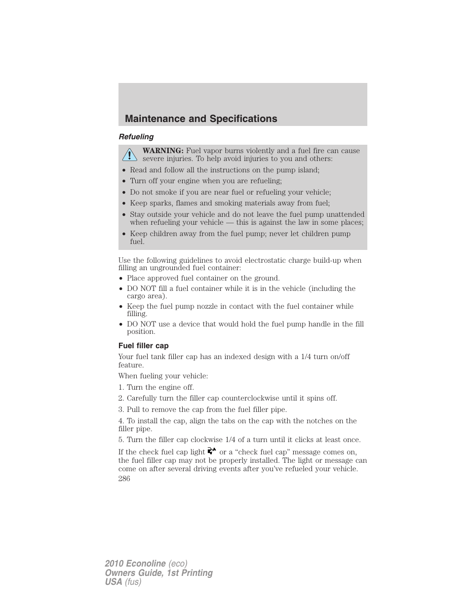 Refueling, Fuel filler cap, Maintenance and specifications | FORD 2010 E-450 v.1 User Manual | Page 286 / 324