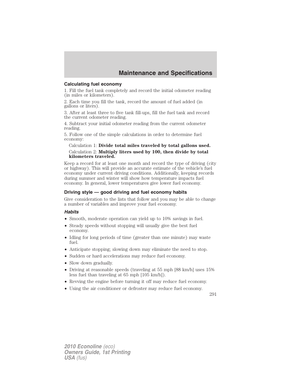 Calculating fuel economy, Habits, Maintenance and specifications | FORD 2010 E-450 v.1 User Manual | Page 291 / 324