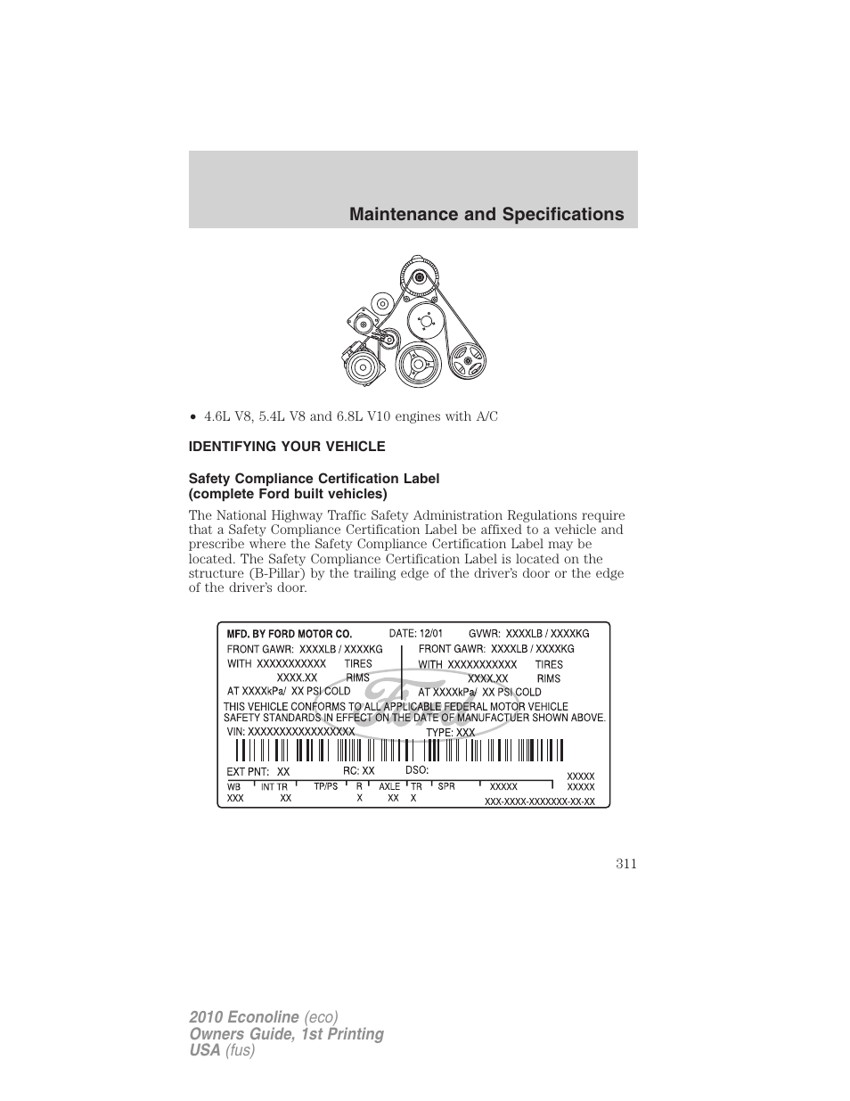 Identifying your vehicle, Maintenance and specifications | FORD 2010 E-450 v.1 User Manual | Page 311 / 324