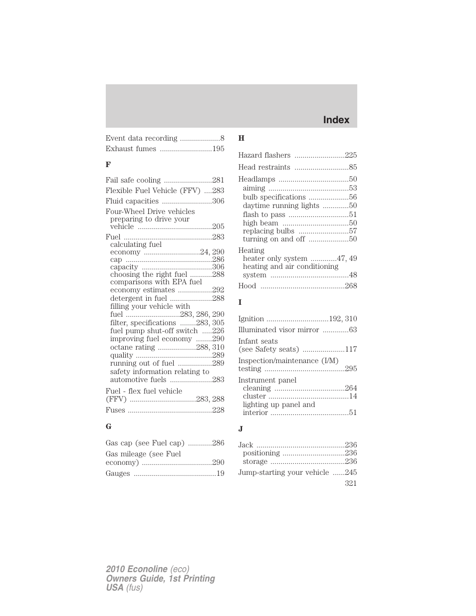 Index | FORD 2010 E-450 v.1 User Manual | Page 321 / 324