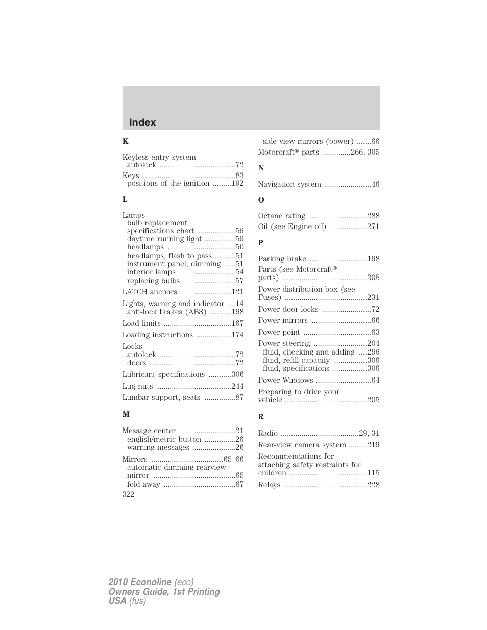 Index | FORD 2010 E-450 v.1 User Manual | Page 322 / 324