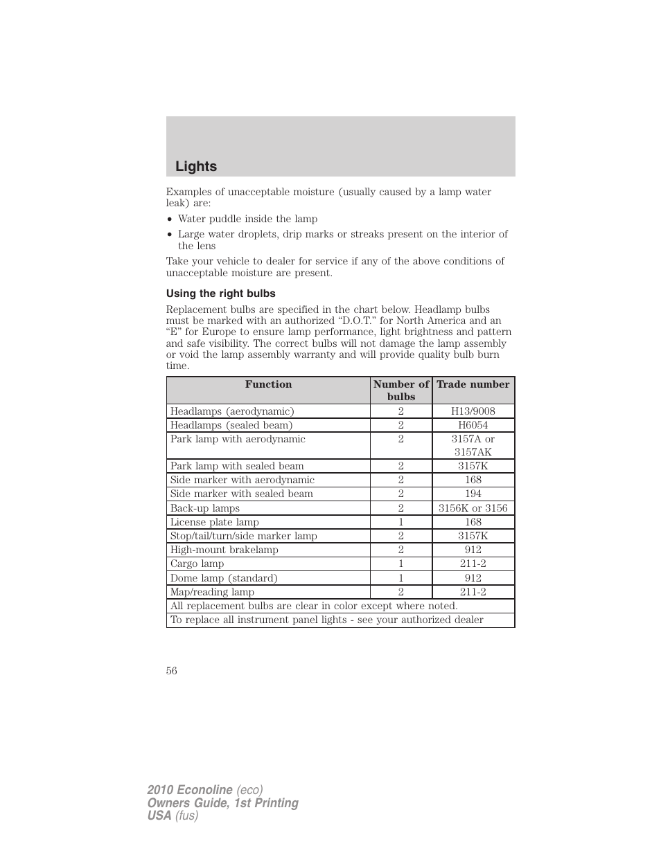 Using the right bulbs, Lights | FORD 2010 E-450 v.1 User Manual | Page 56 / 324