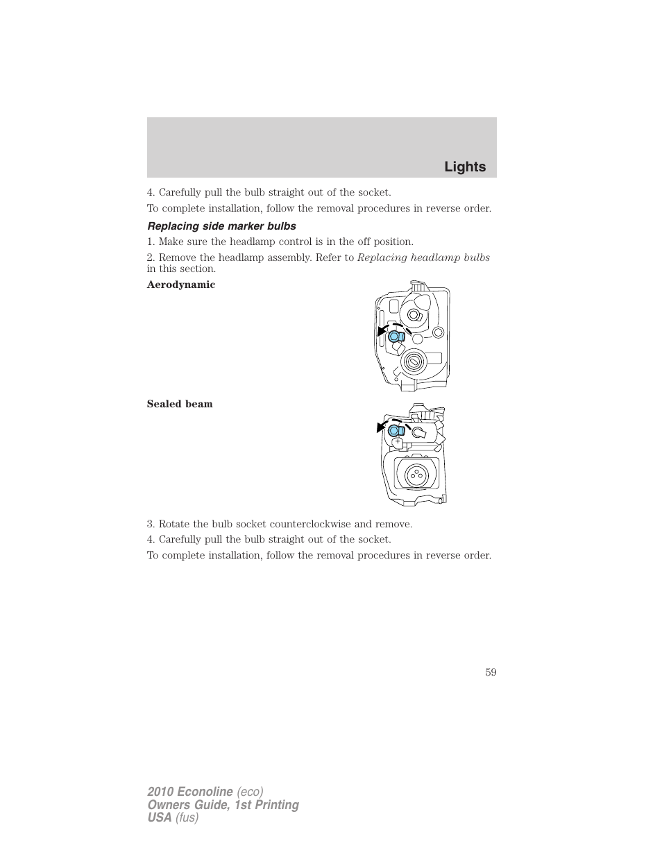 Replacing side marker bulbs, Lights | FORD 2010 E-450 v.1 User Manual | Page 59 / 324