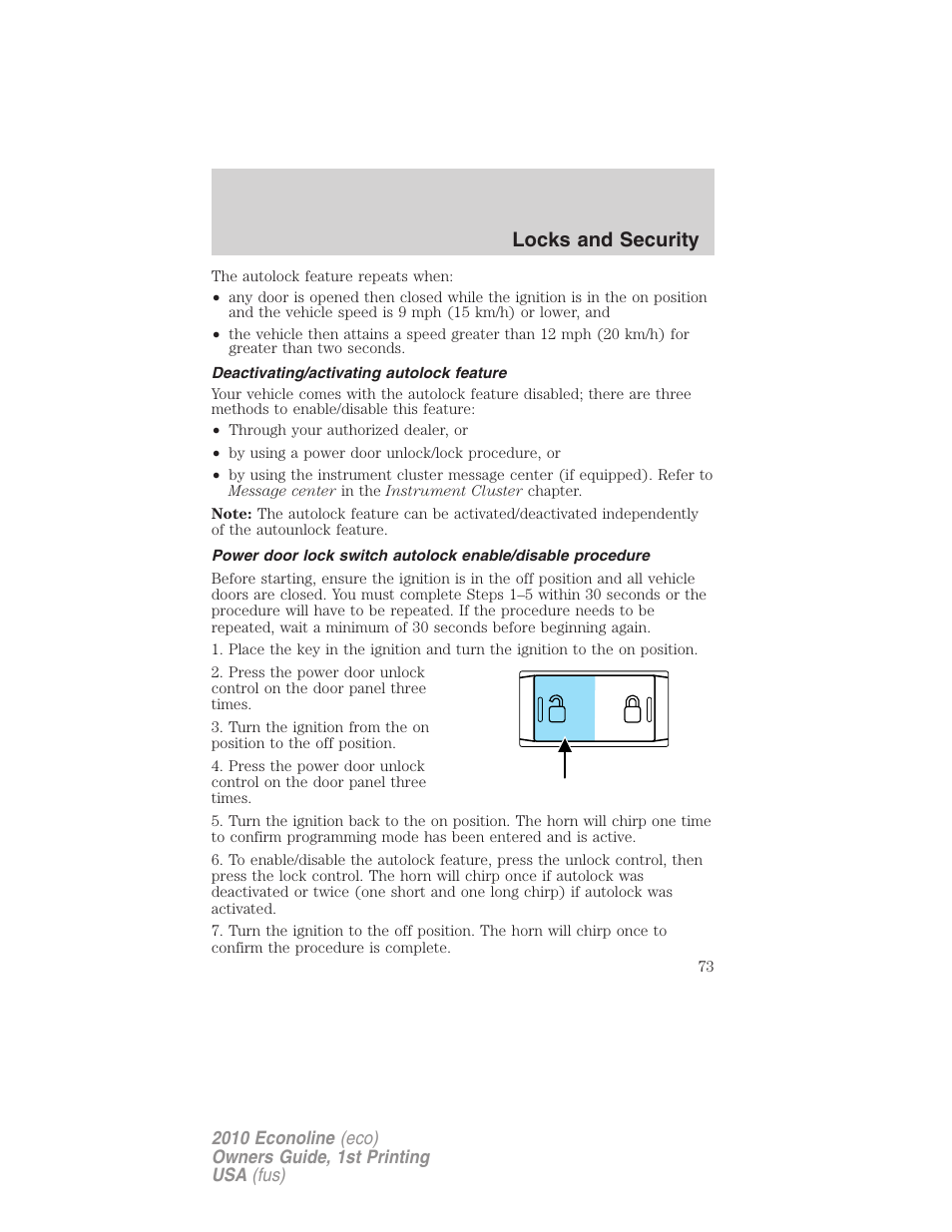 Deactivating/activating autolock feature, Locks and security | FORD 2010 E-450 v.1 User Manual | Page 73 / 324