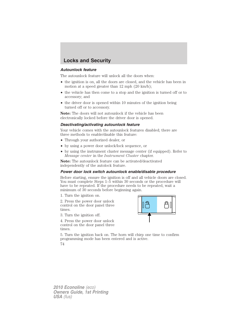 Autounlock feature, Deactivating/activating autounlock feature, Locks and security | FORD 2010 E-450 v.1 User Manual | Page 74 / 324