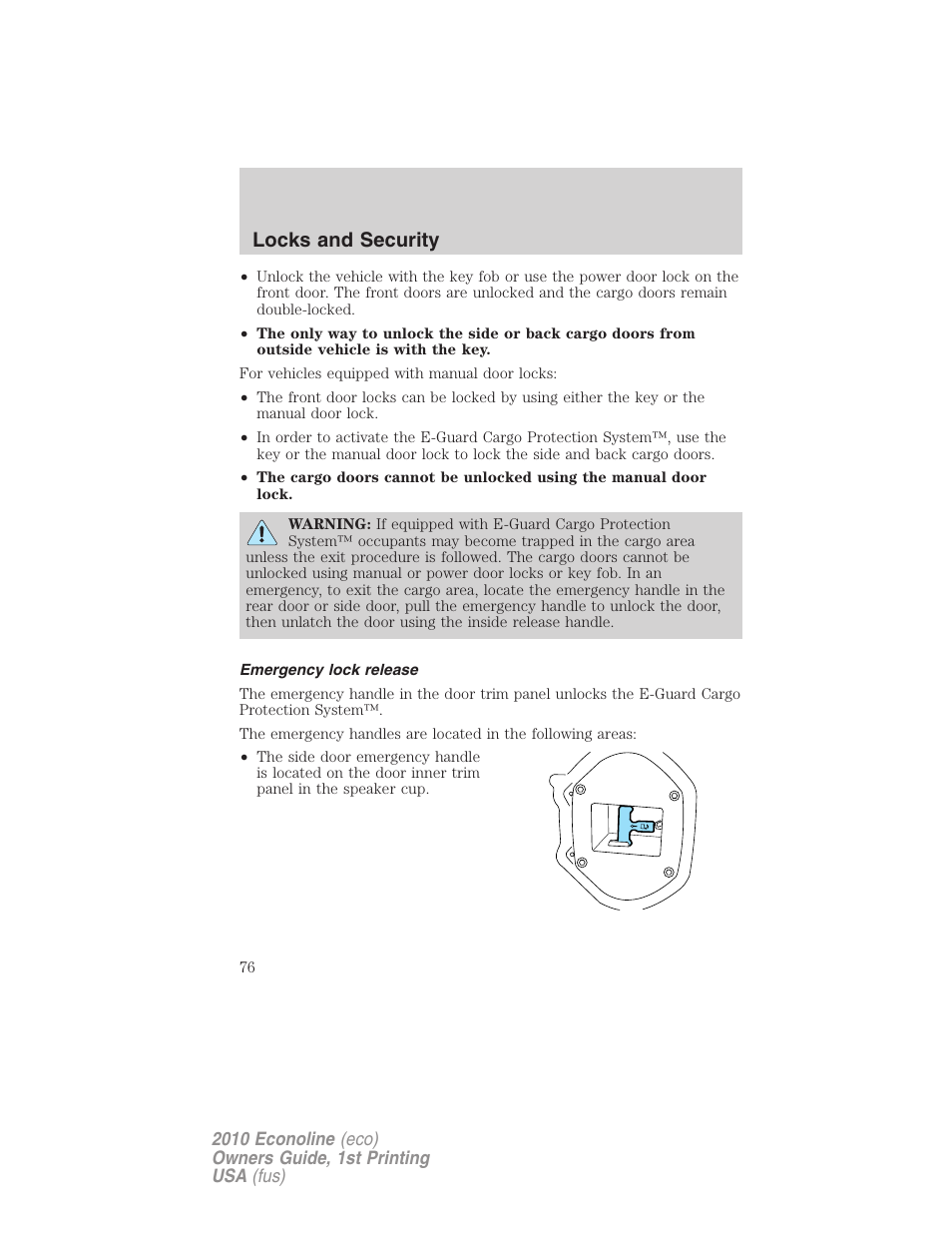 Emergency lock release, Locks and security | FORD 2010 E-450 v.1 User Manual | Page 76 / 324