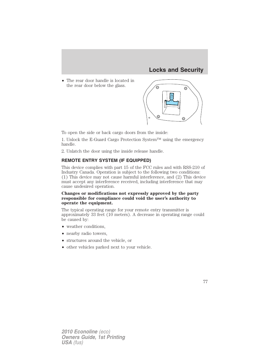 Remote entry system (if equipped), Locks and security | FORD 2010 E-450 v.1 User Manual | Page 77 / 324