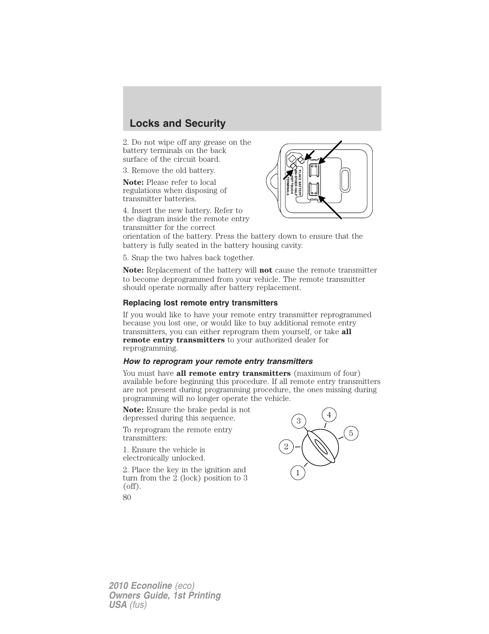 Replacing lost remote entry transmitters, How to reprogram your remote entry transmitters, Locks and security | FORD 2010 E-450 v.1 User Manual | Page 80 / 324