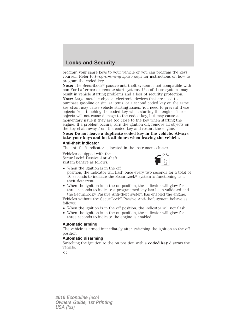 Anti-theft indicator, Automatic arming, Automatic disarming | Locks and security | FORD 2010 E-450 v.1 User Manual | Page 82 / 324